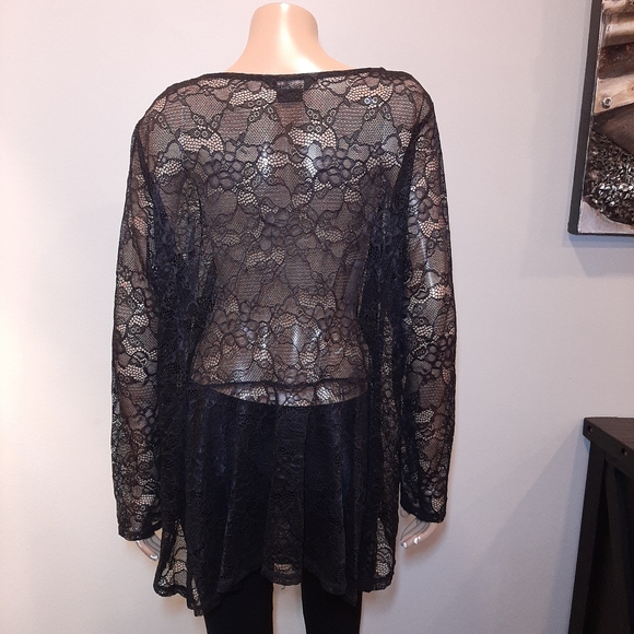 🍁 MICHEL STUDIO Sheer Lace Scoop Neck Long Sleeve Peplum Top Black Stretchy - Picture 4 of 10